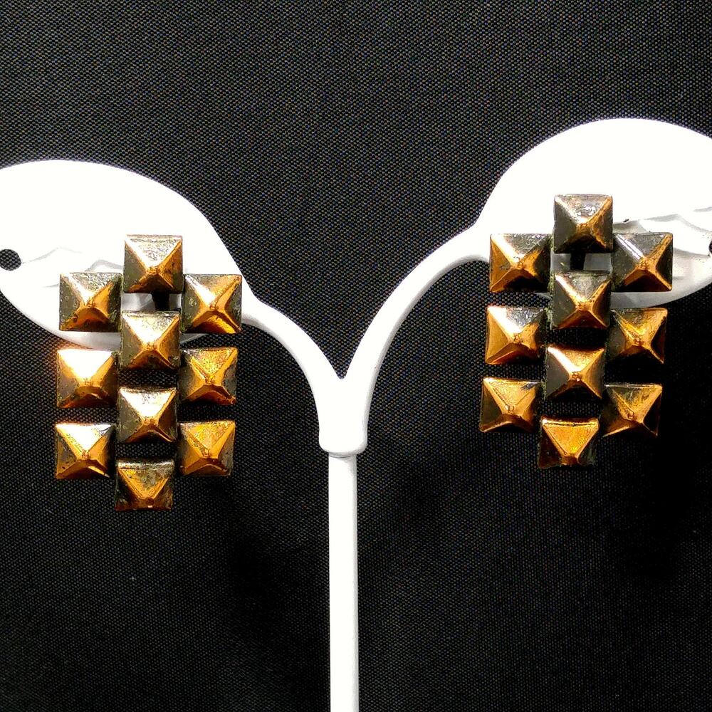 Vintage Copper Book Chain Earrings Screw Back 1950s Art Deco Geometric Design